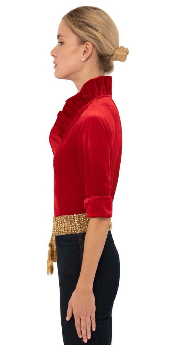 Gretchen Scott -Stand Up Ruffle Neck Velvet Top - Red
