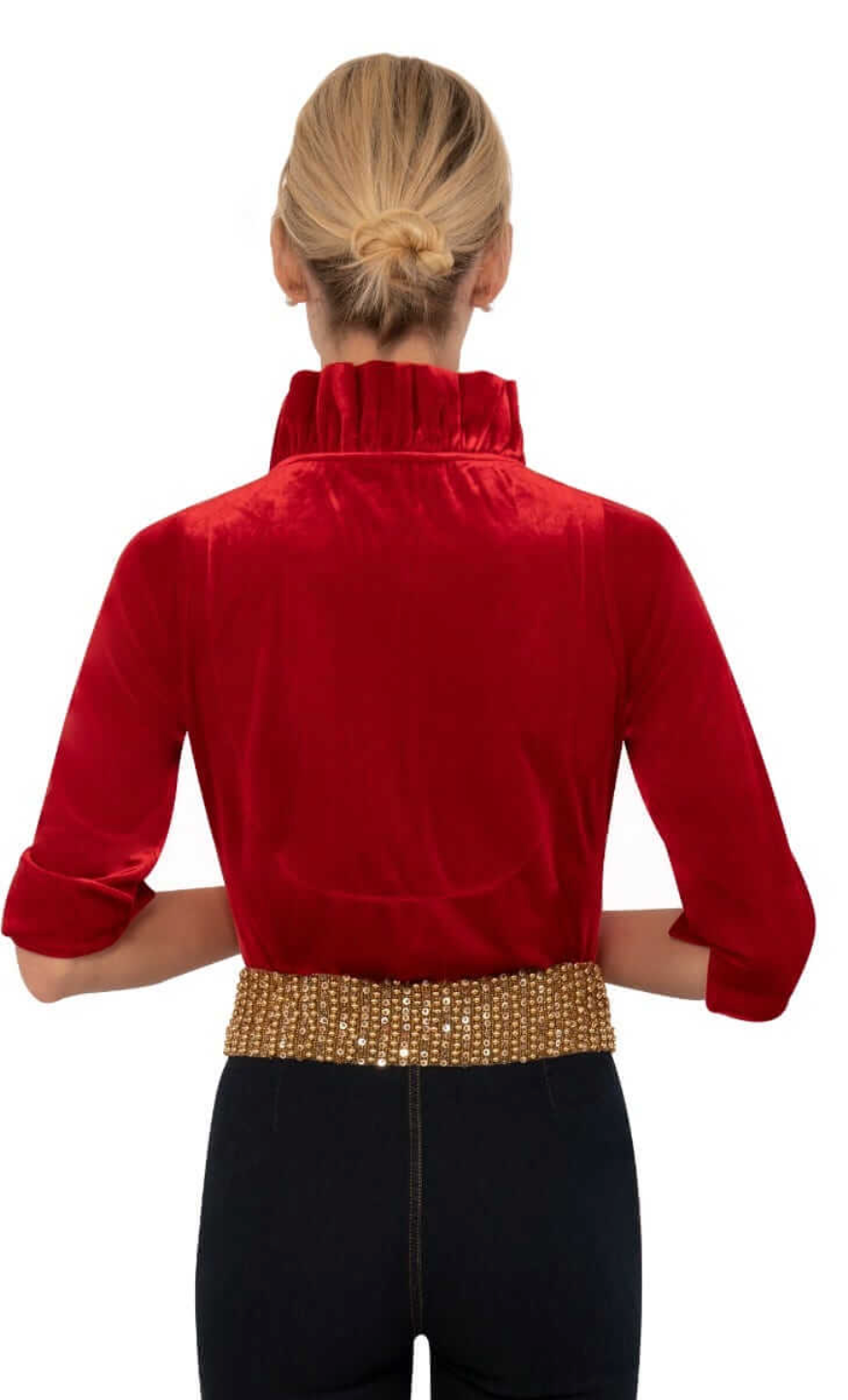 Gretchen Scott -Stand Up Ruffle Neck Velvet Top - Red