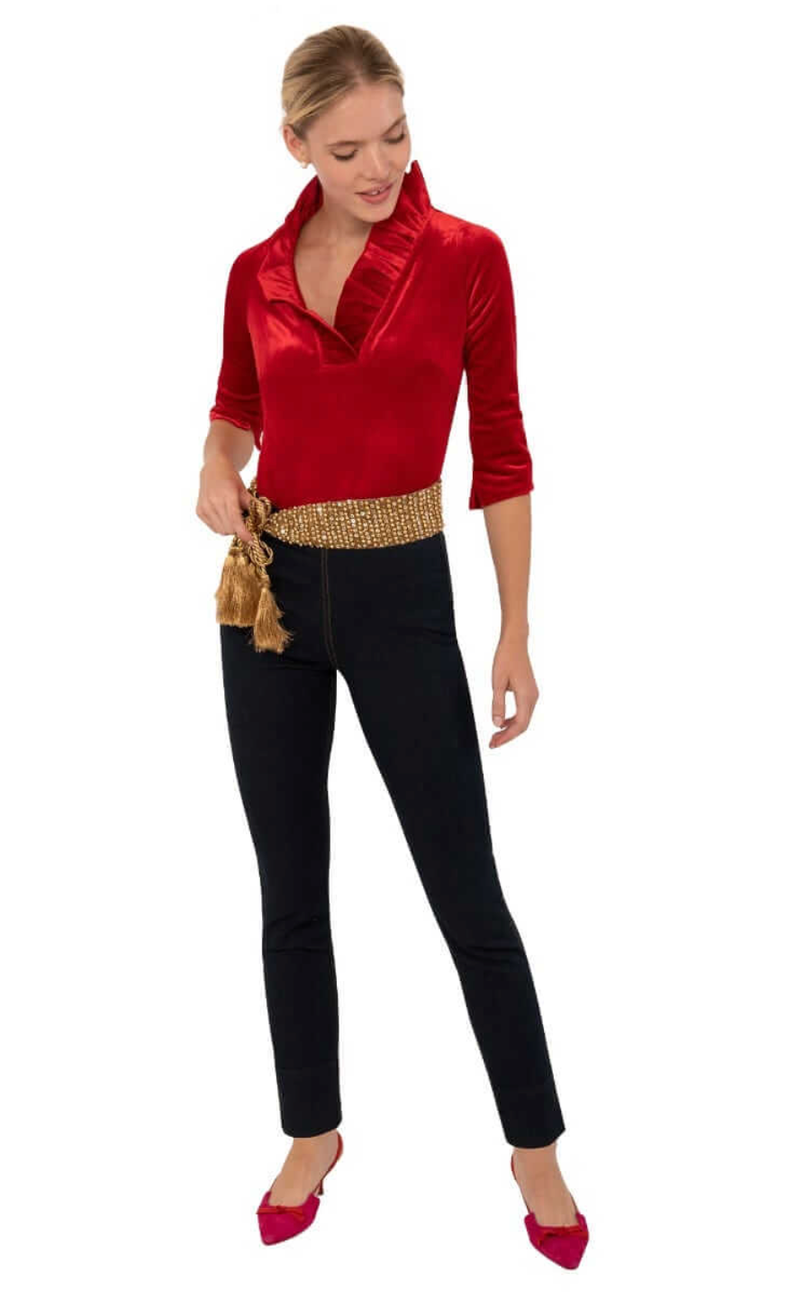 Gretchen Scott -Stand Up Ruffle Neck Velvet Top - Red