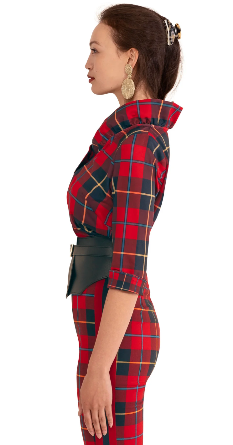 Gretchen Scott -Stand Up Ruffle Neck Top - Red Plaidly Cooper