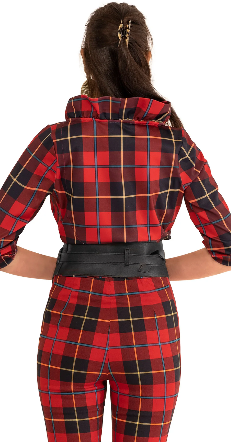 Gretchen Scott -Stand Up Ruffle Neck Top - Red Plaidly Cooper