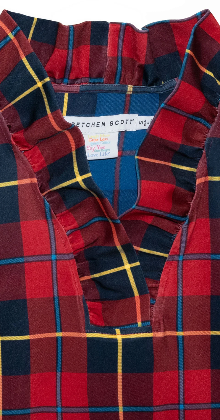 Gretchen Scott -Stand Up Ruffle Neck Top - Red Plaidly Cooper
