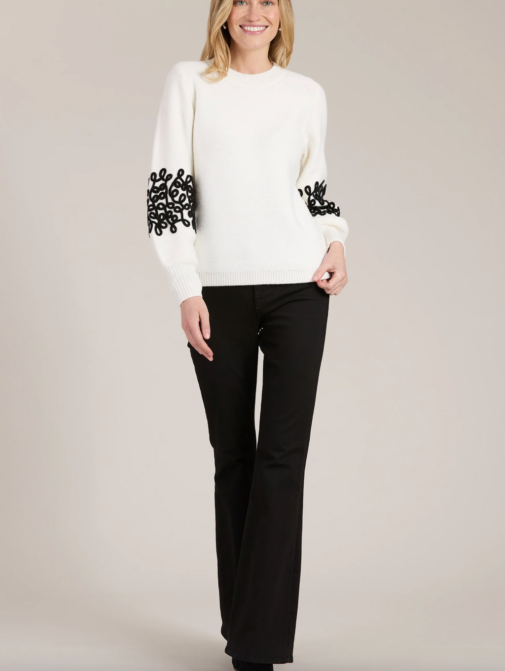 Tyler Böe - White Soutache Sweater with Black Embroidery