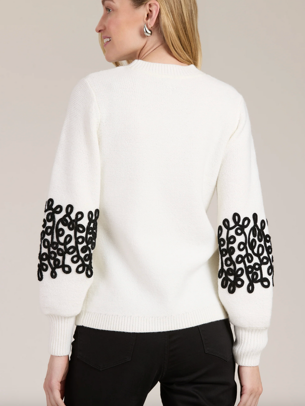 Tyler Böe - White Soutache Sweater with Black Embroidery