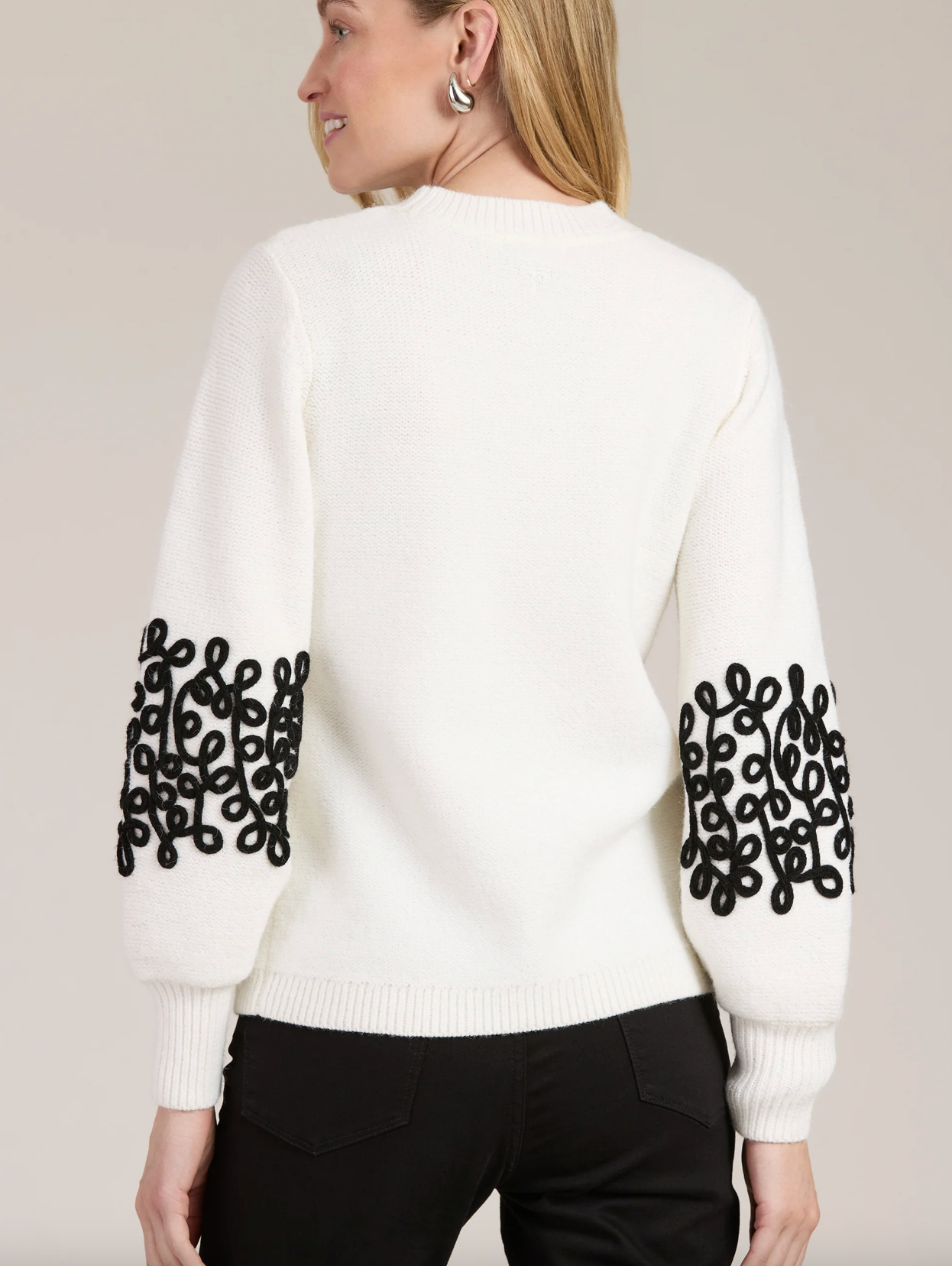 Tyler Böe - White Soutache Sweater with Black Embroidery