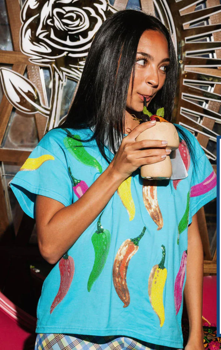 Queen of Sparkles - Aqua Multi Sequin Chili Pepper Tee