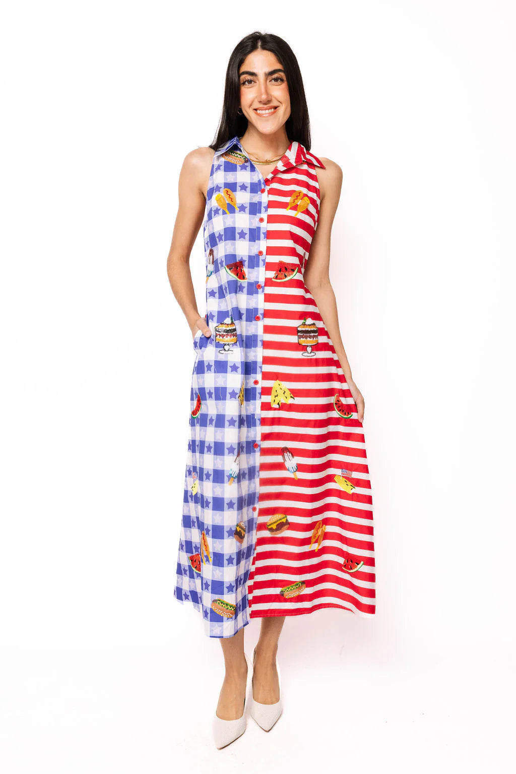 Queen of Sparkles Blue & Red Colorblock USA Picnic Midi Tank Dress