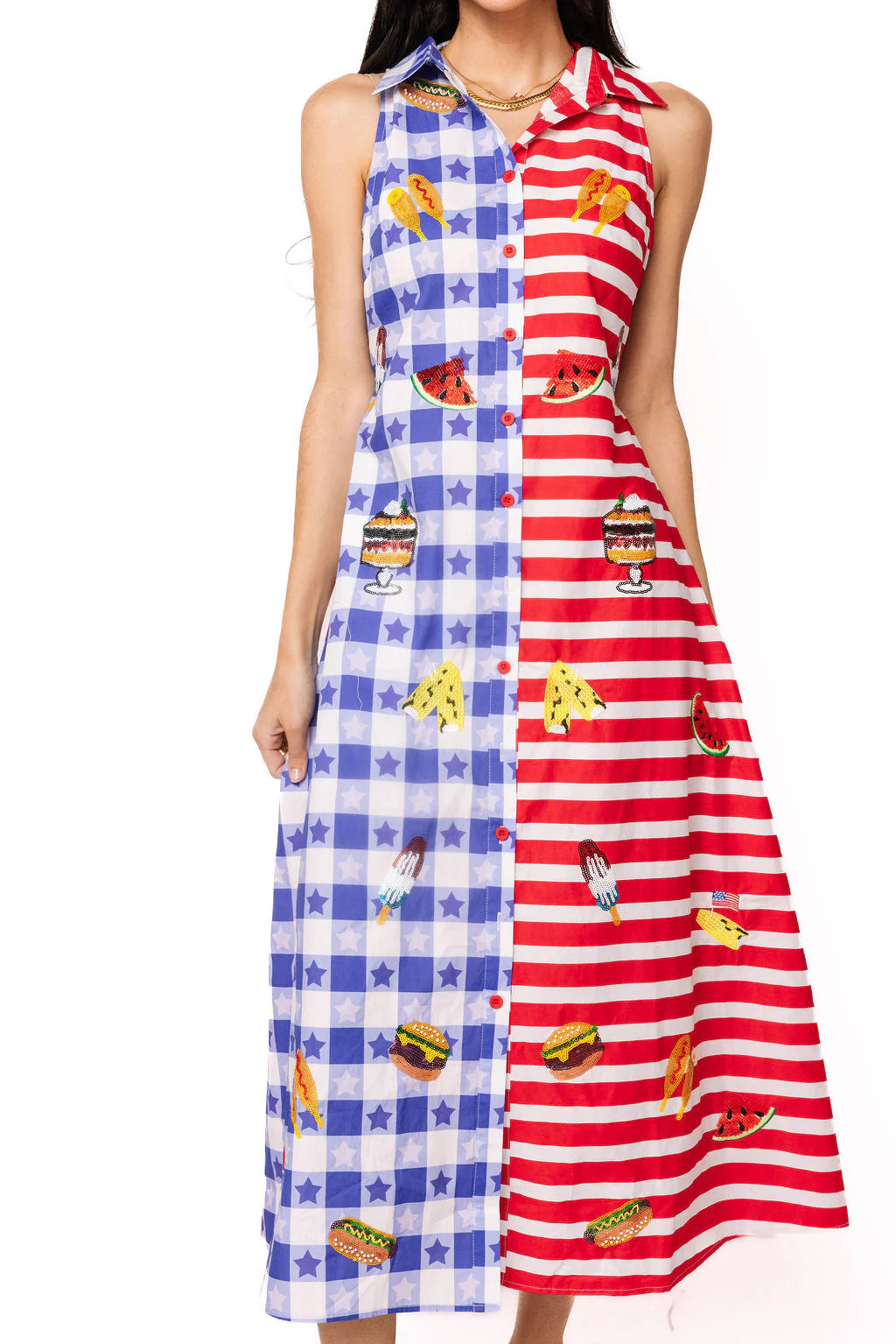 Queen of Sparkles Blue & Red Colorblock USA Picnic Midi Tank Dress