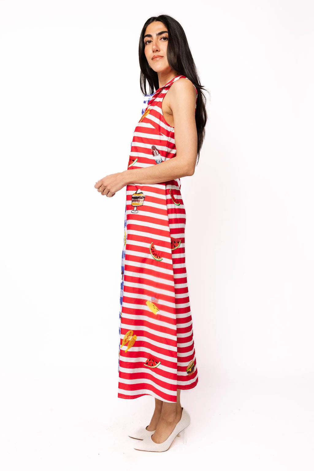 Queen of Sparkles Blue & Red Colorblock USA Picnic Midi Tank Dress