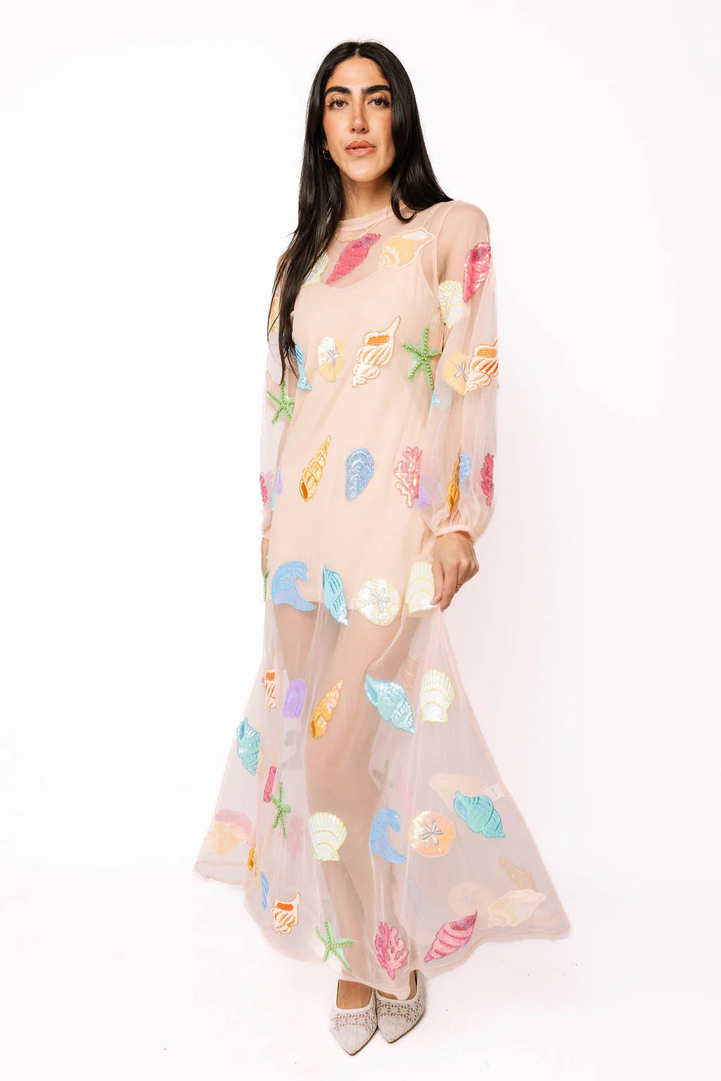 Queen of Sparkles Sheer Beige Shell Long Sleeve Midi Coverup Dress