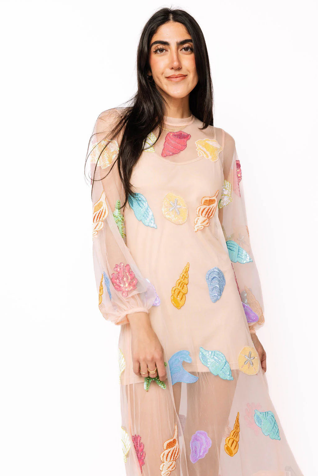 Queen of Sparkles Sheer Beige Shell Long Sleeve Midi Coverup Dress