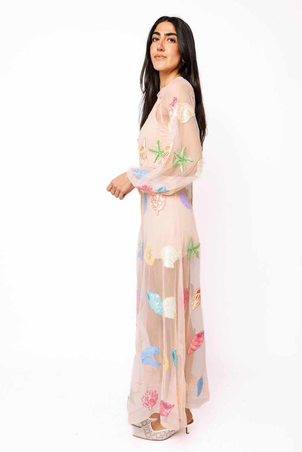 Queen of Sparkles Sheer Beige Shell Long Sleeve Midi Coverup Dress