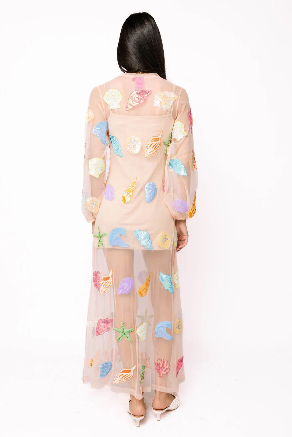 Queen of Sparkles Sheer Beige Shell Long Sleeve Midi Coverup Dress