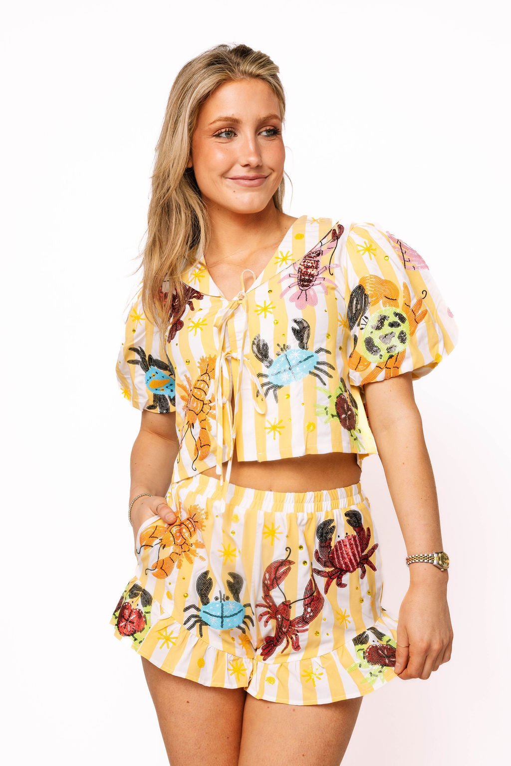 Queen of Sparkles Yellow Striped Crab and Lobster Shorts