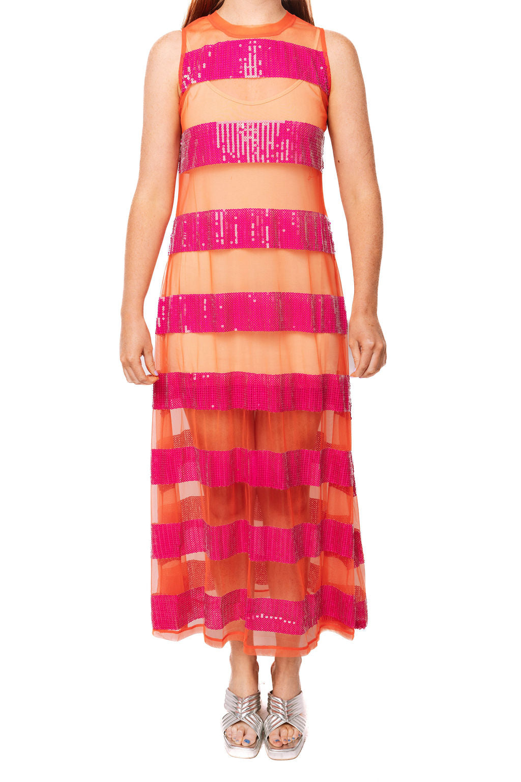 Queen of Sparkles Sheer Orange & Pink Sequin Stripe Coverup Midi