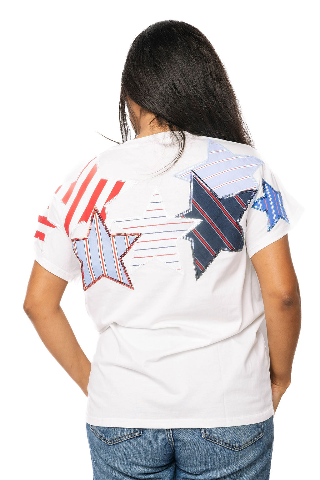 Queen of Sparkles White USA Stripe Patch Stars Tee
