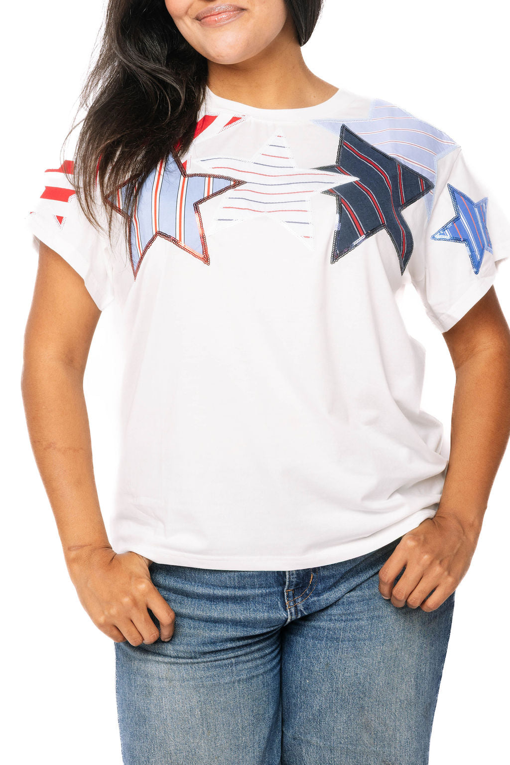 Queen of Sparkles White USA Stripe Patch Stars Tee