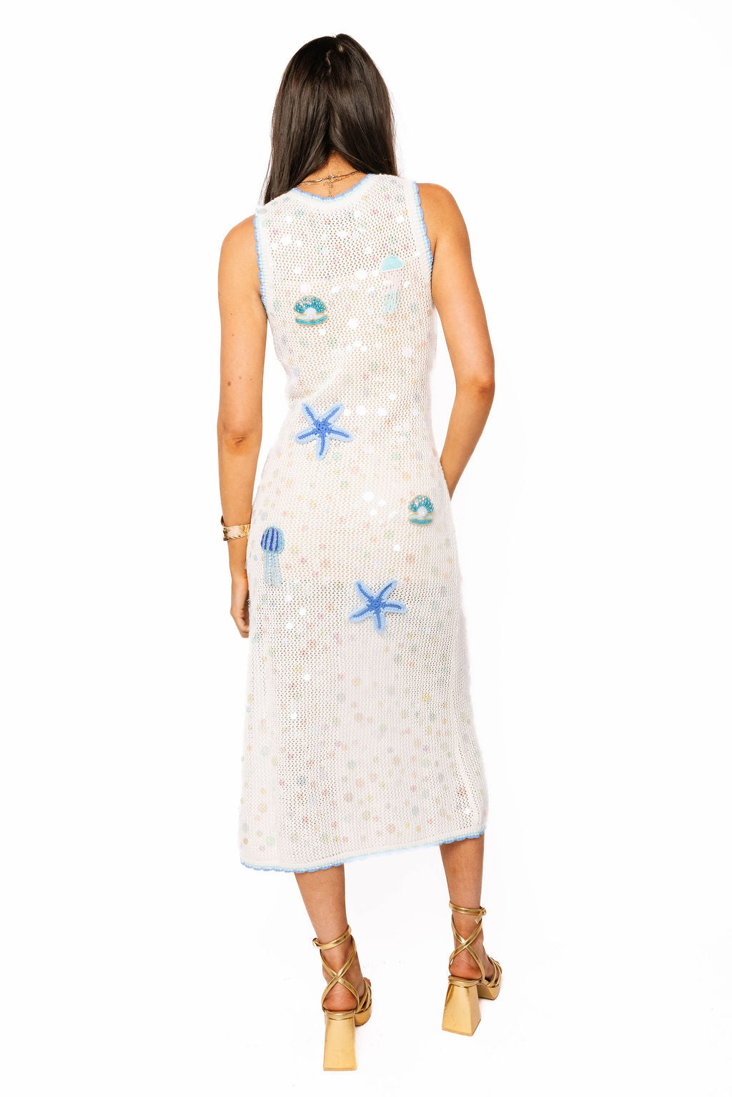 Queen of Sparkles White & Blue Sea Icon Knit Pailette Tank Midi Dress