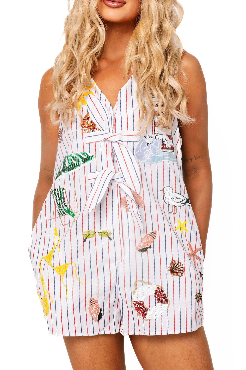 Queen of Sparkles Multi Striped Beach Icon Tie Cotton Romper