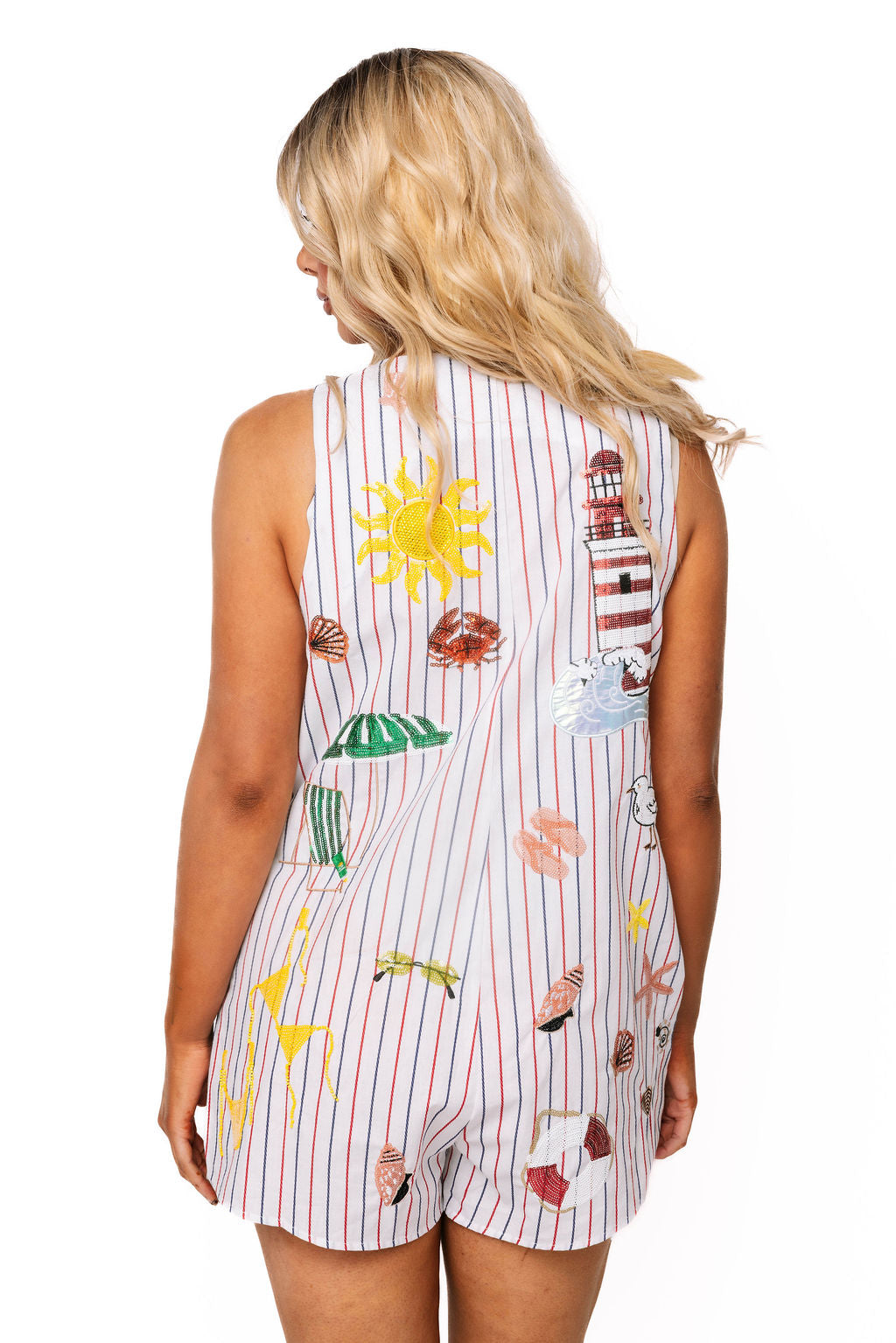 Queen of Sparkles Multi Striped Beach Icon Tie Cotton Romper
