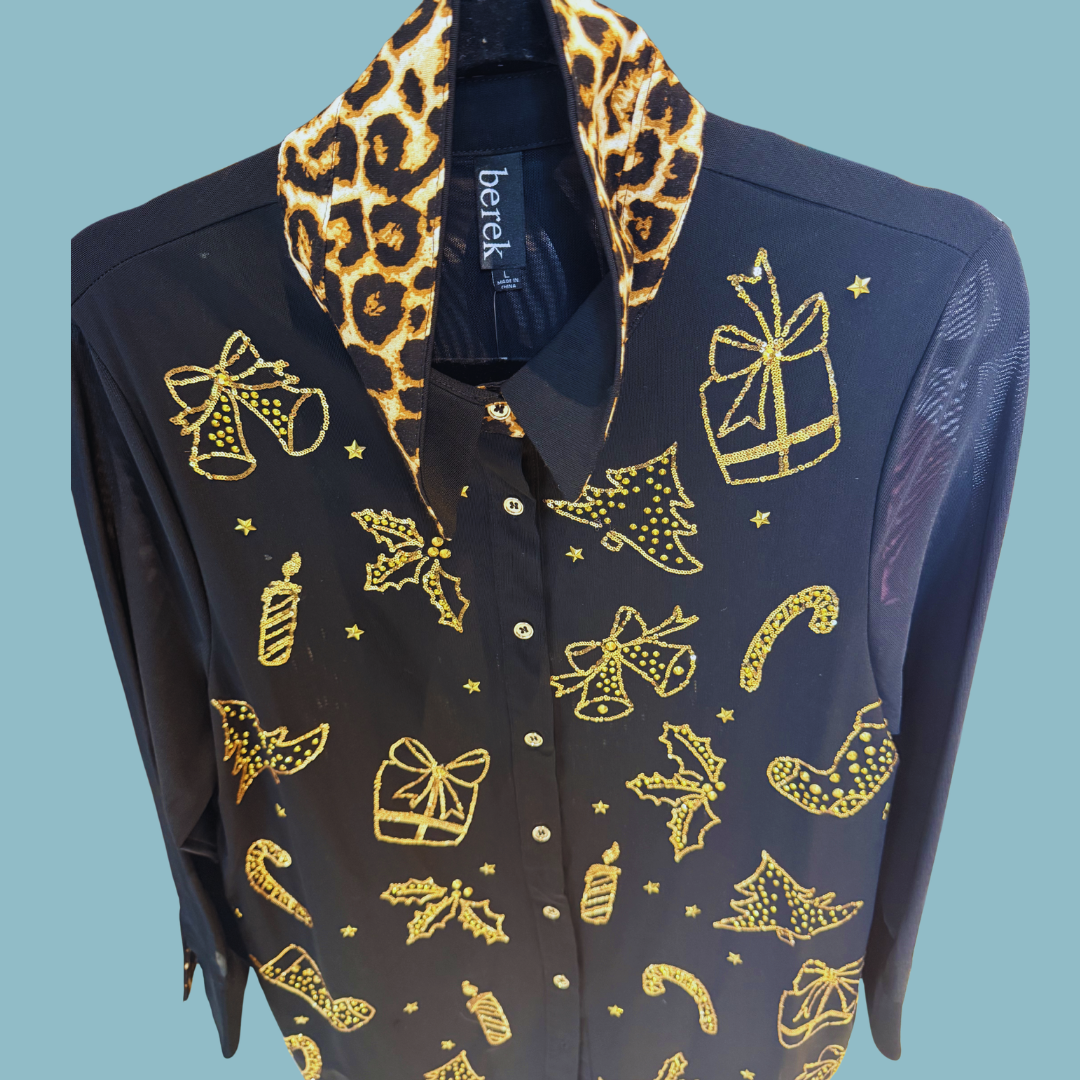 Berek Black Mesh Gold Presents Button Up Top