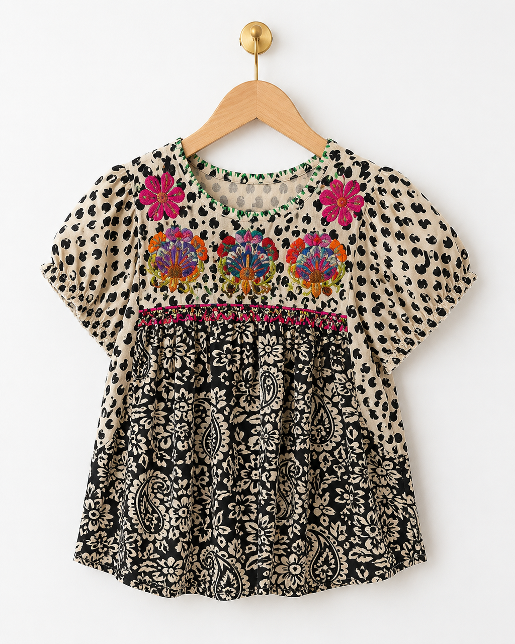 Sister Mary Leopard Top With Pink Embroidery