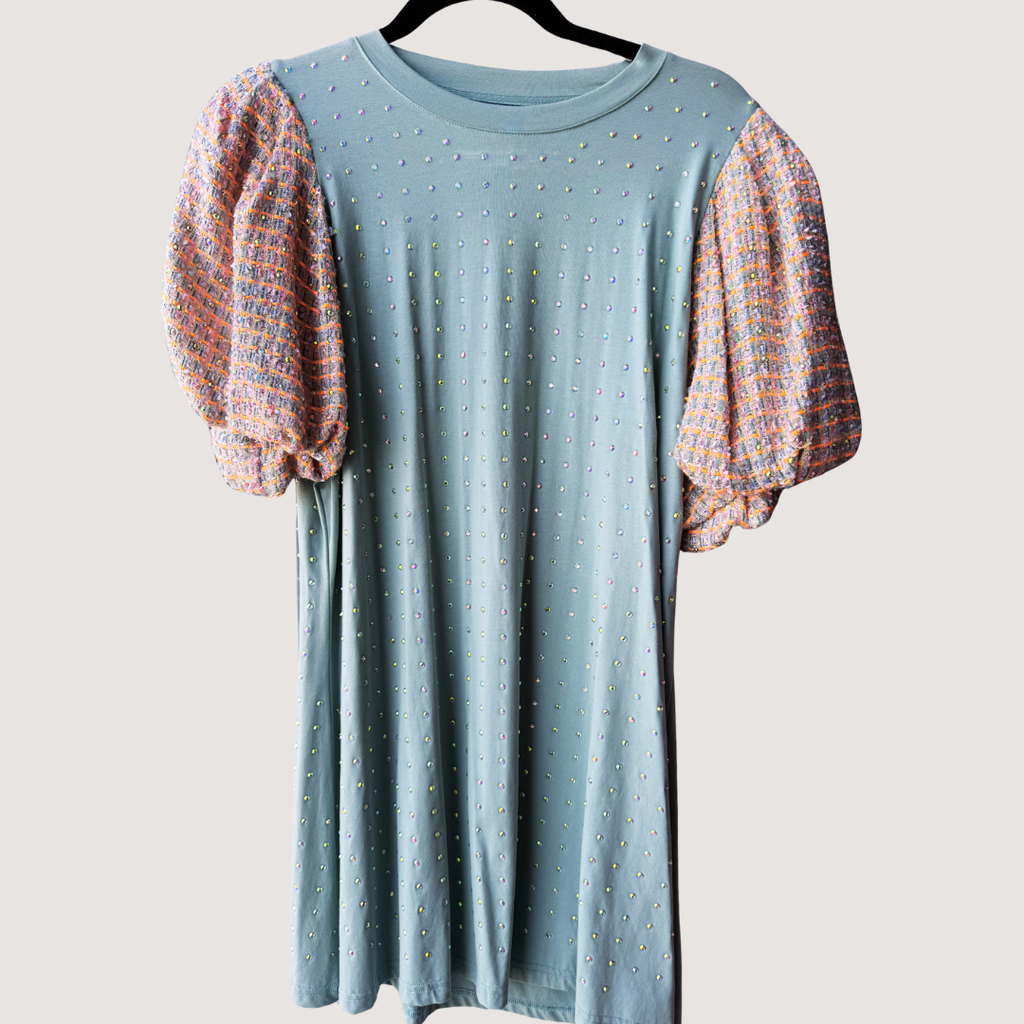 Queen of Sparkles - Light Blue Sparkle Dress Plaid Sleeves