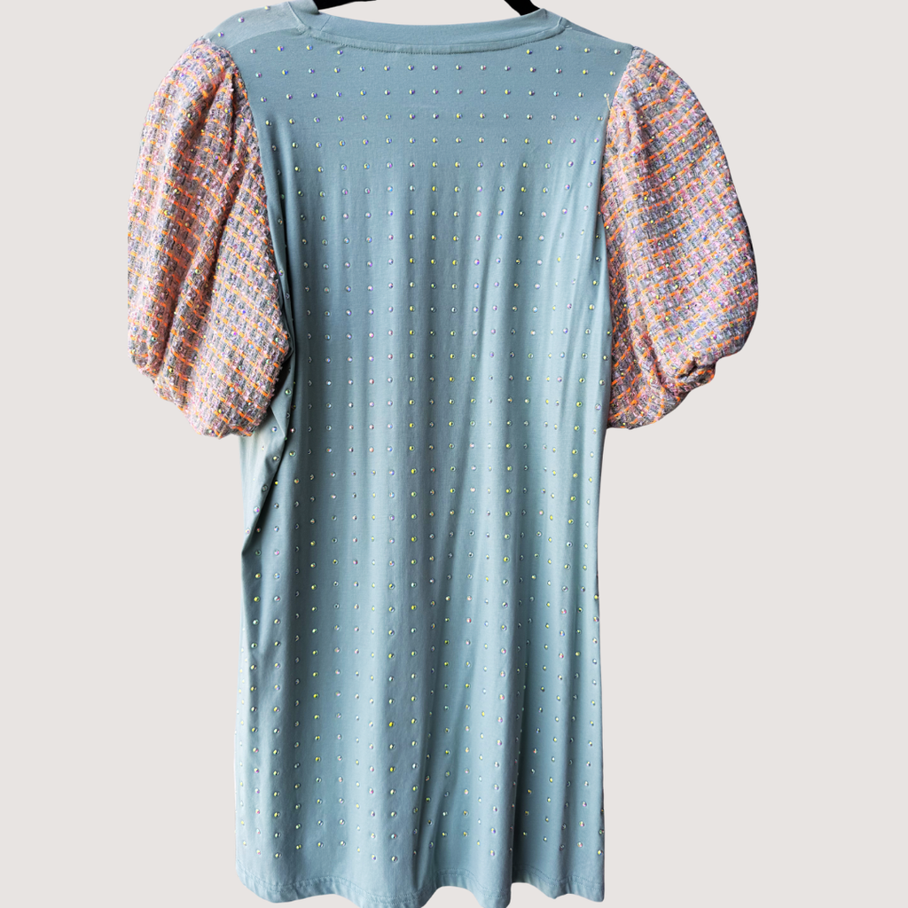 Queen of Sparkles - Light Blue Sparkle Dress Plaid Sleeves