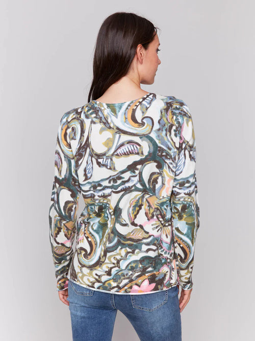 Charlie B - Peacock Paisley Printed V-neck Sweater