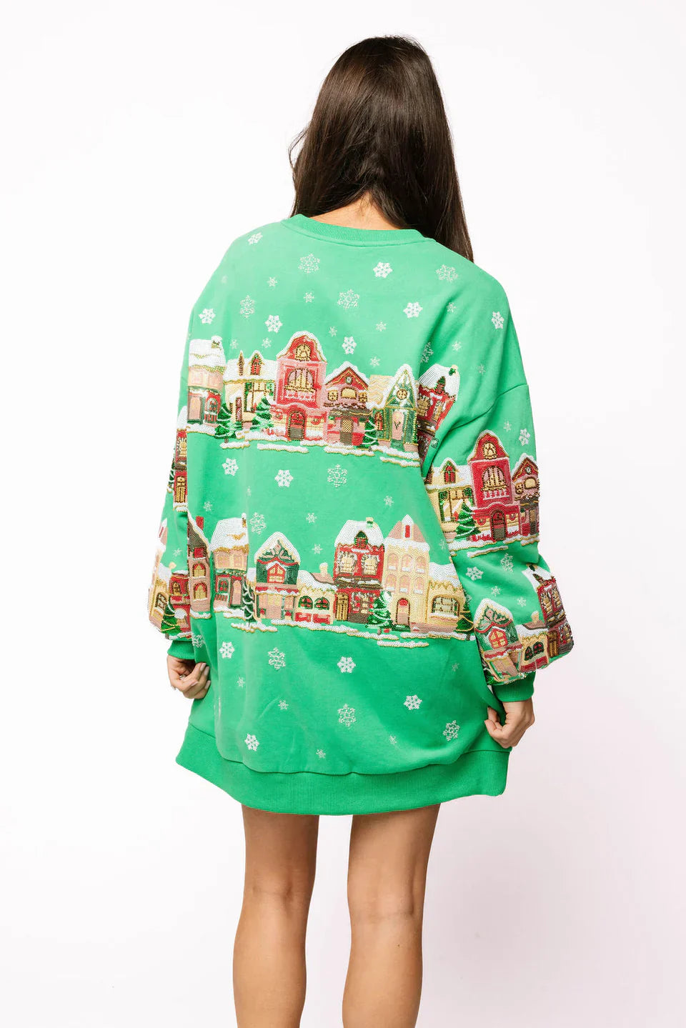 Queen of Sparkles-Green Snowy Christmas Village Sweatshirt Dress