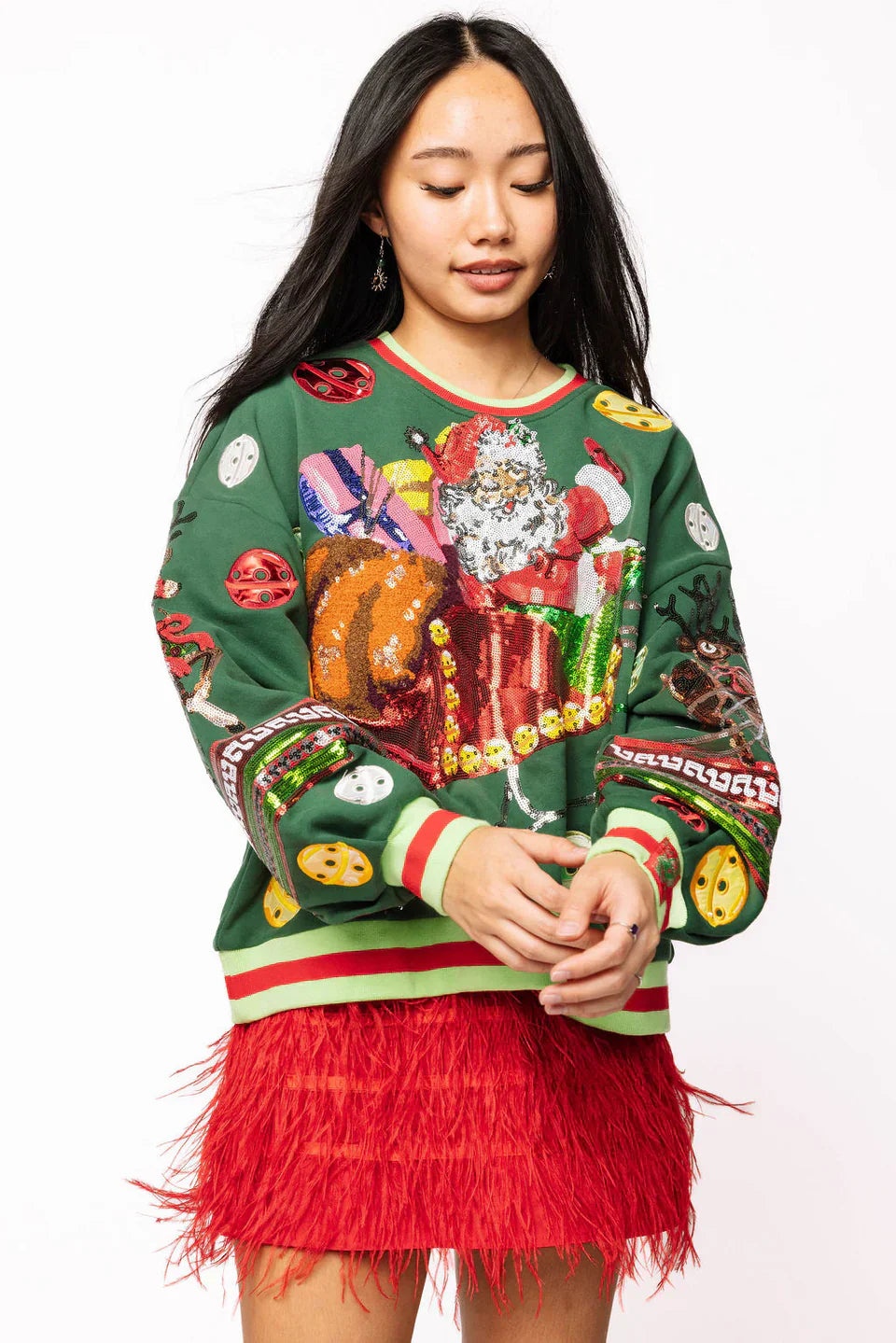 Queen of Sparkles-Dark Green Vintage Jingle Bell Santa Sweatshirt