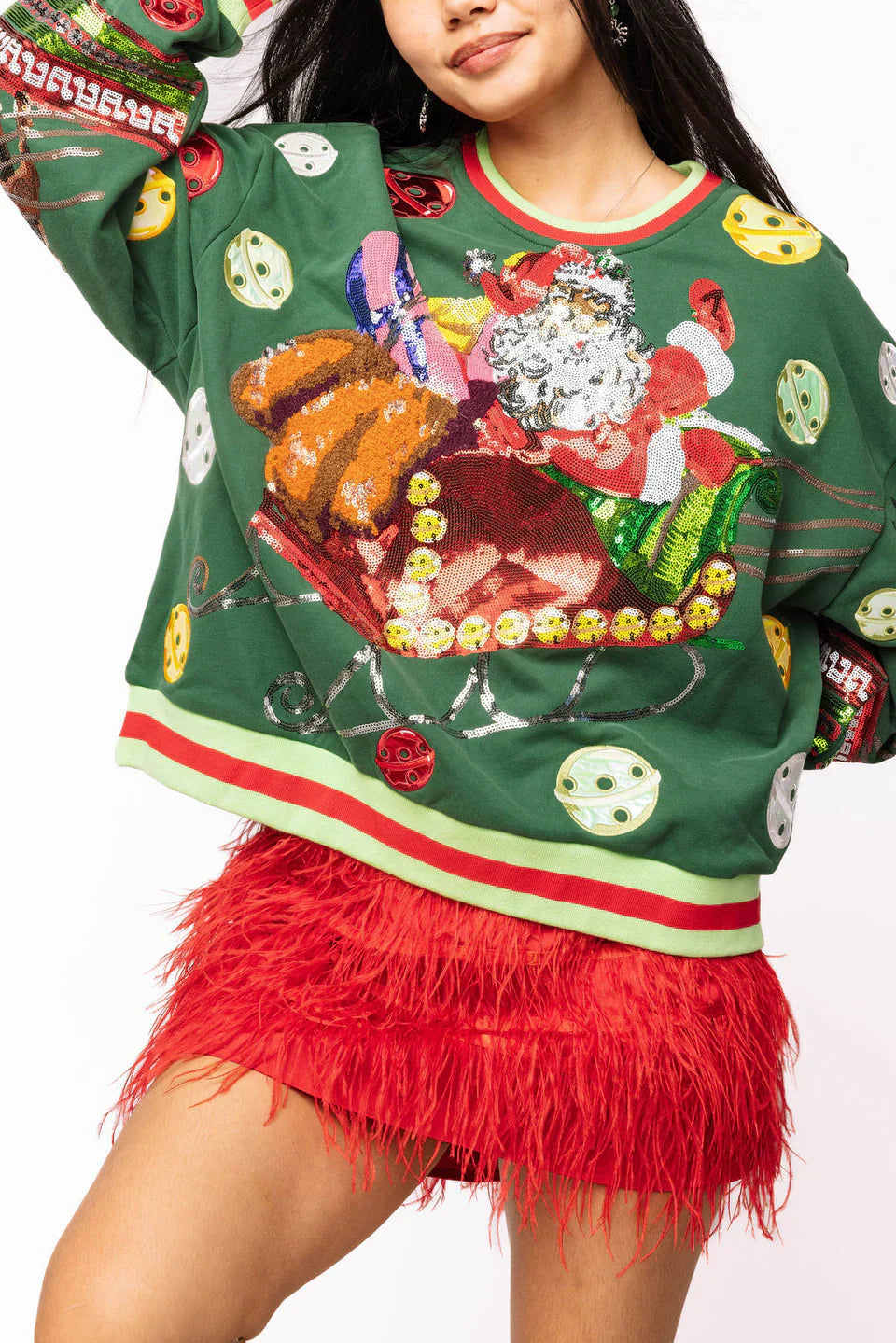 Queen of Sparkles-Dark Green Vintage Jingle Bell Santa Sweatshirt