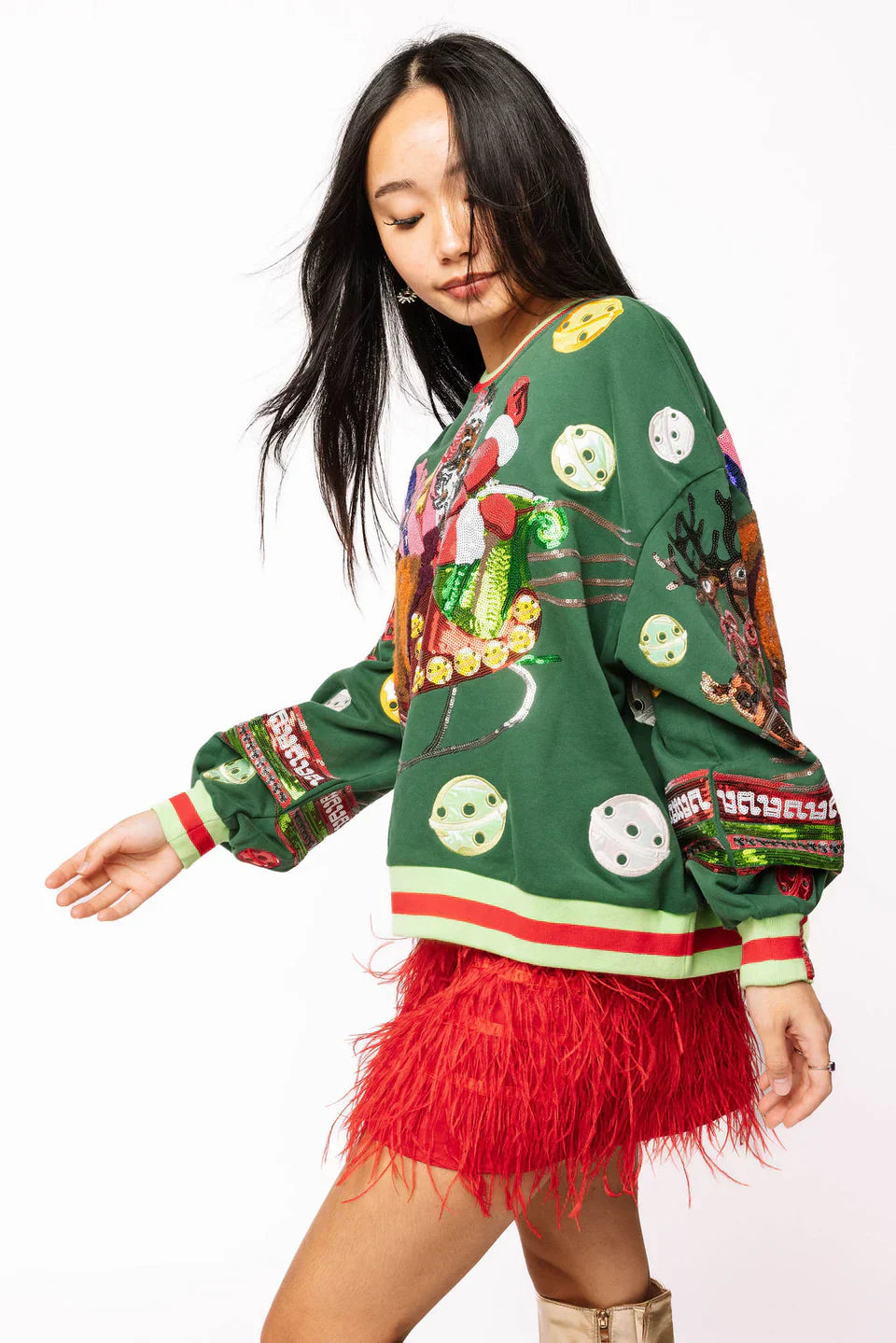 Queen of Sparkles-Dark Green Vintage Jingle Bell Santa Sweatshirt