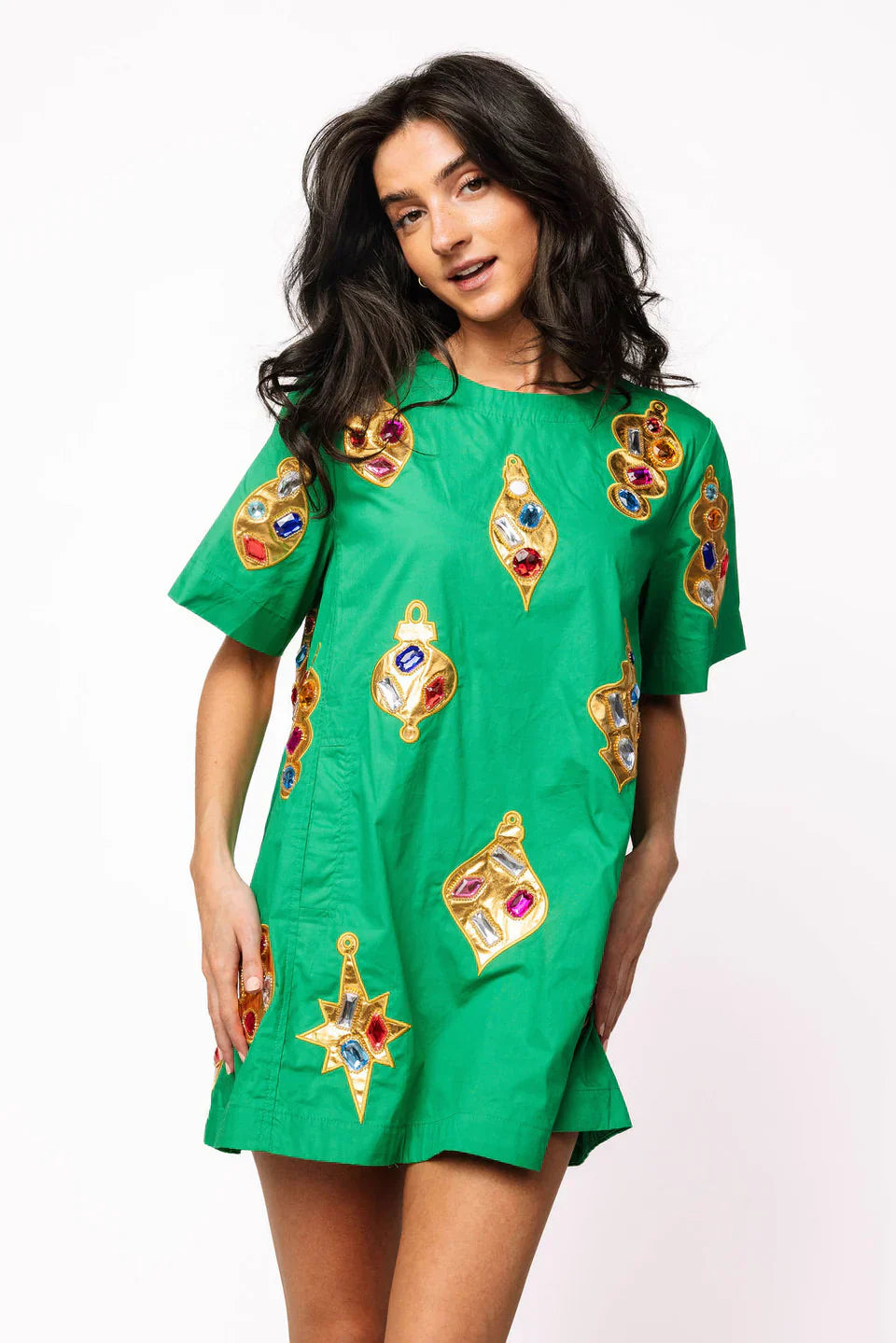 Queen of Sparkles-Green & Gold Jeweled Ornament Cotton Short Sleeve Dress