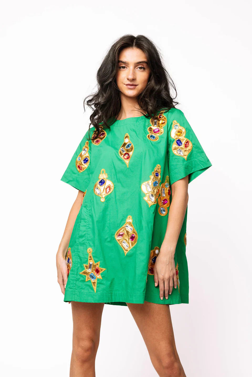 Queen of Sparkles-Green & Gold Jeweled Ornament Cotton Short Sleeve Dress