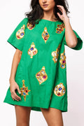 Queen of Sparkles-Green & Gold Jeweled Ornament Cotton Short Sleeve Dress