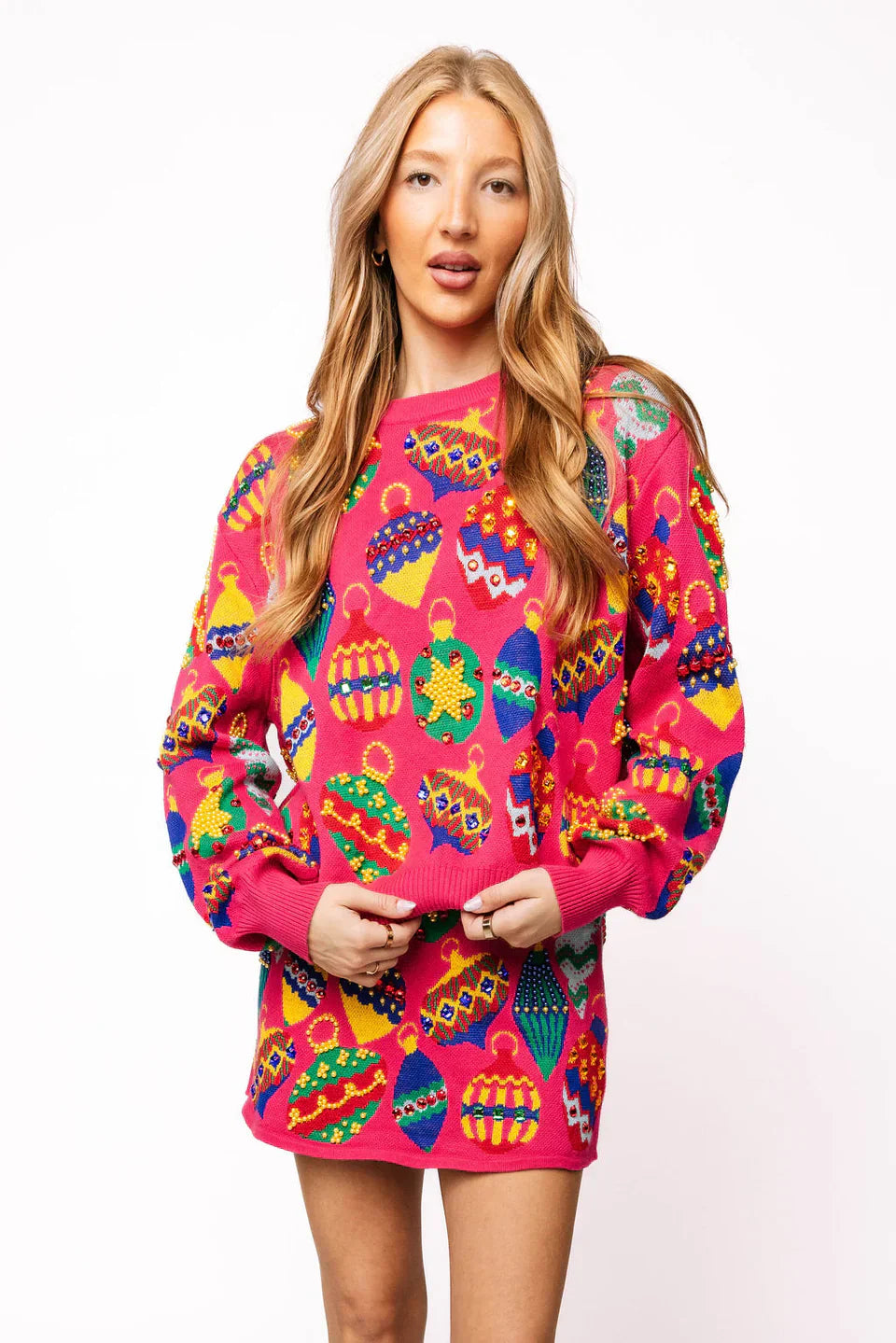 Queen of Sparkles-Hot Pink Multi Jeweled Ornament Sweater