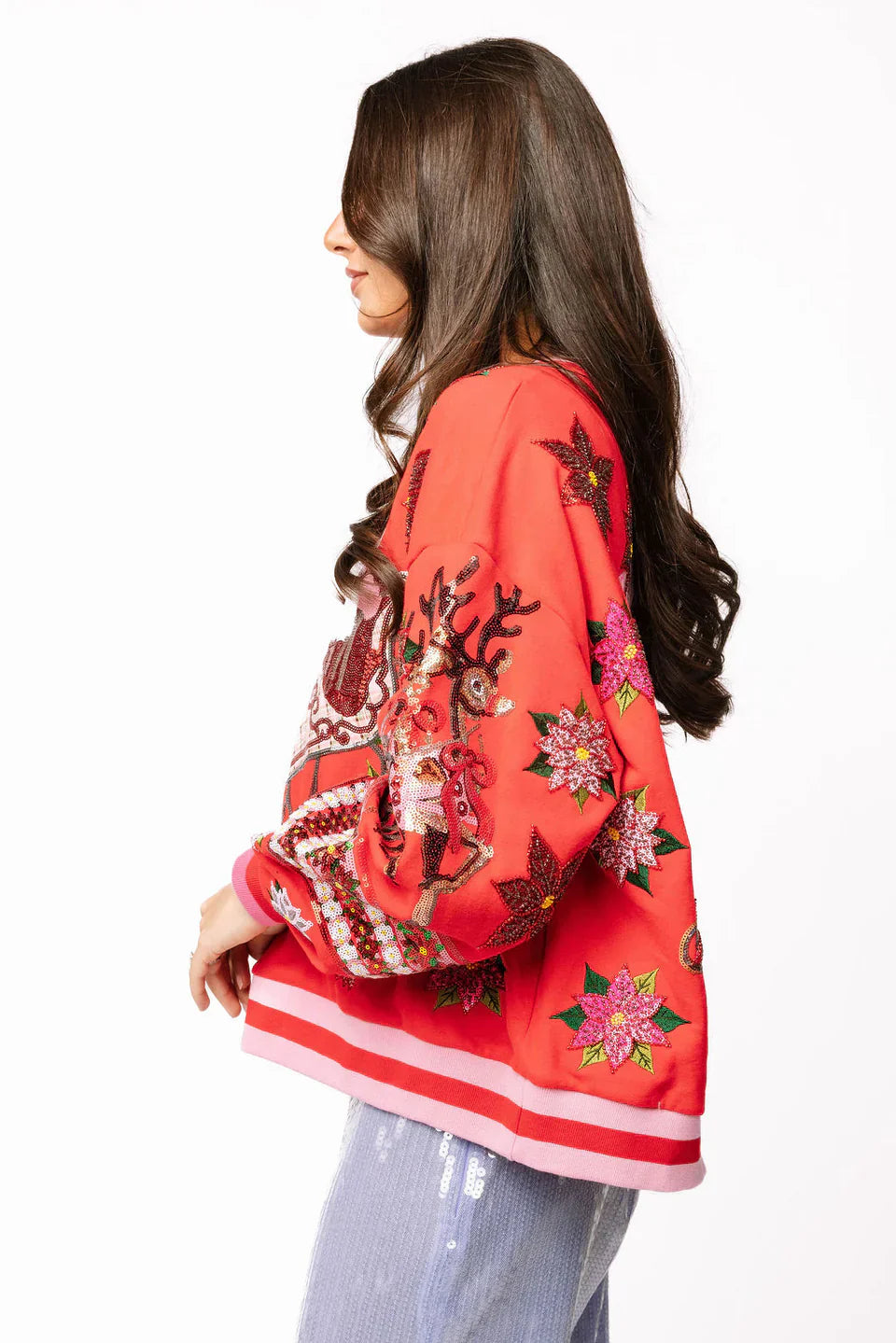 Queen of Sparkles-Red & Pink Vintage Poinsettia Santa Sweatshirt