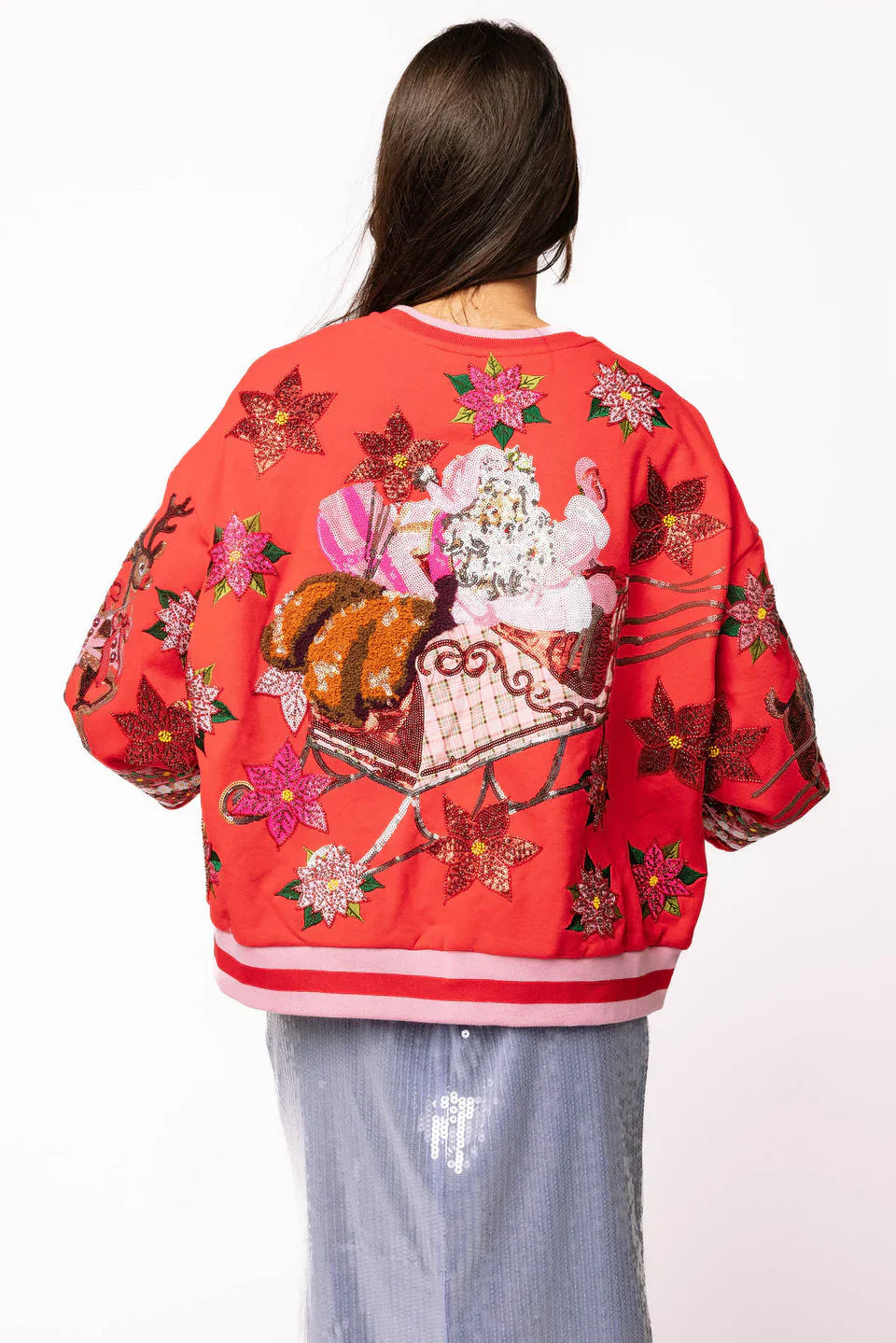 Queen of Sparkles-Red & Pink Vintage Poinsettia Santa Sweatshirt