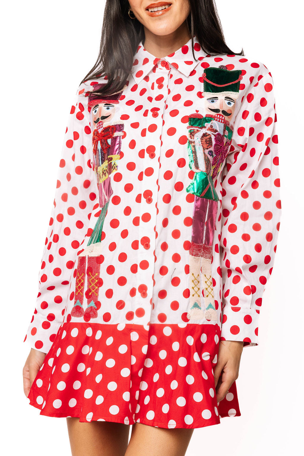 Queen of Sparkles Red & White Polka Dot Metallic Nutcracker Button Up Cotton Dress