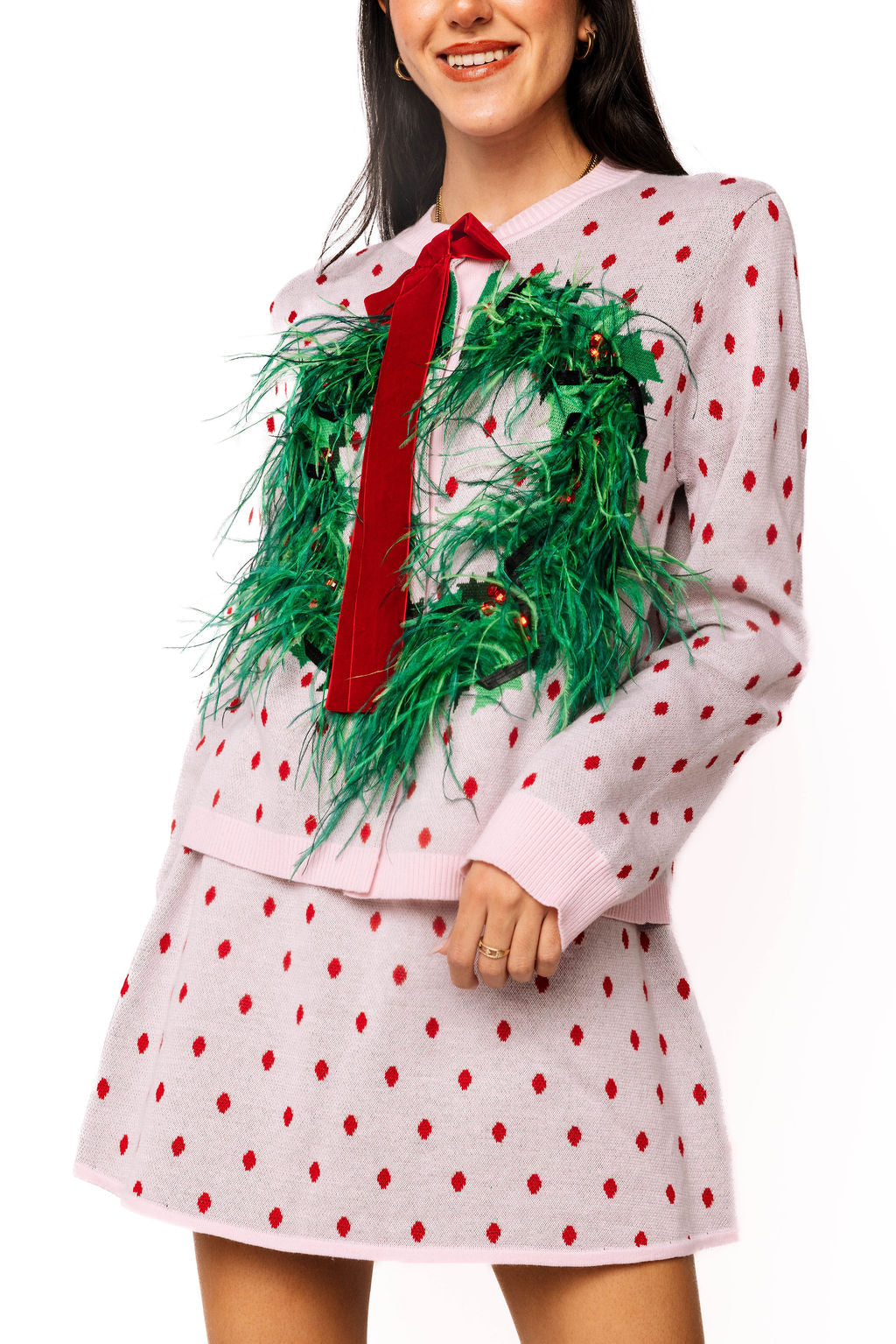 Queen of Sparkles Light Pink & Red Polka Dot Knit Skirt