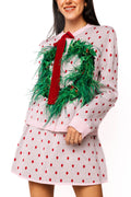 Queen of Sparkles Light Pink & Red Polka Dot Wreath Neck Knit Sweater