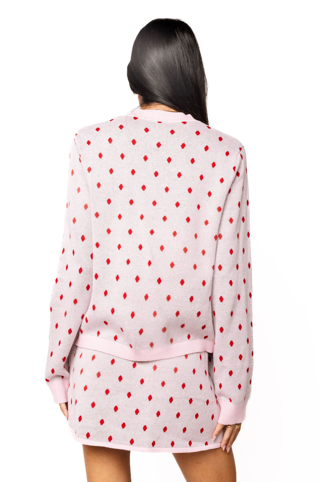 Queen of Sparkles Light Pink & Red Polka Dot Wreath Neck Knit Sweater