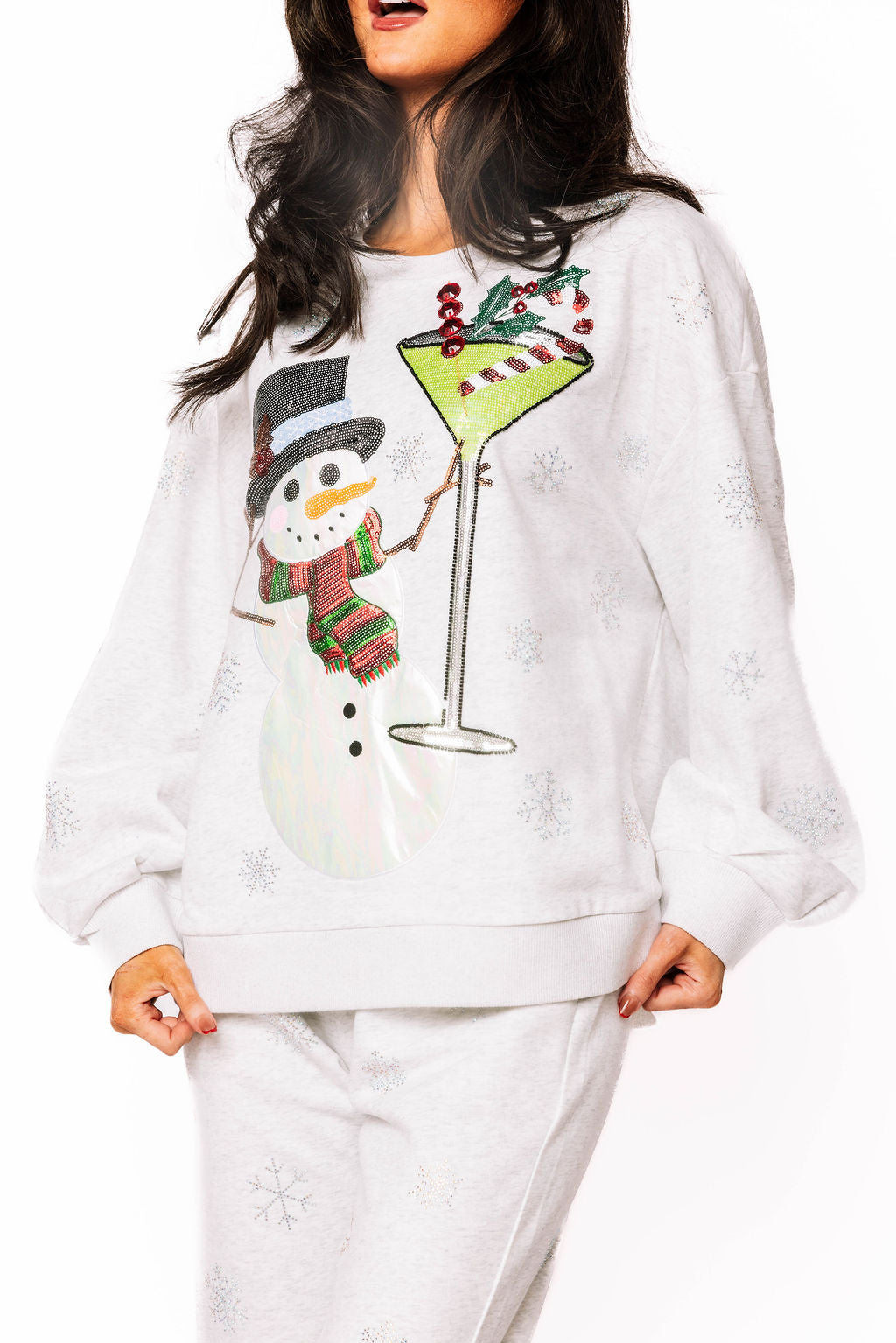 Queen of Sparkles Grey Scattered Snowflake Snowman Holding a Martini Sweatshirt