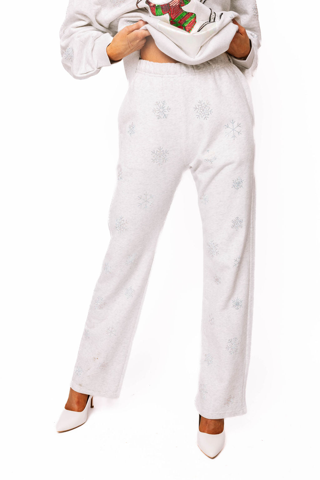 Queen of Sparkles White with Grey Scattered Snowflake Sweat Pants