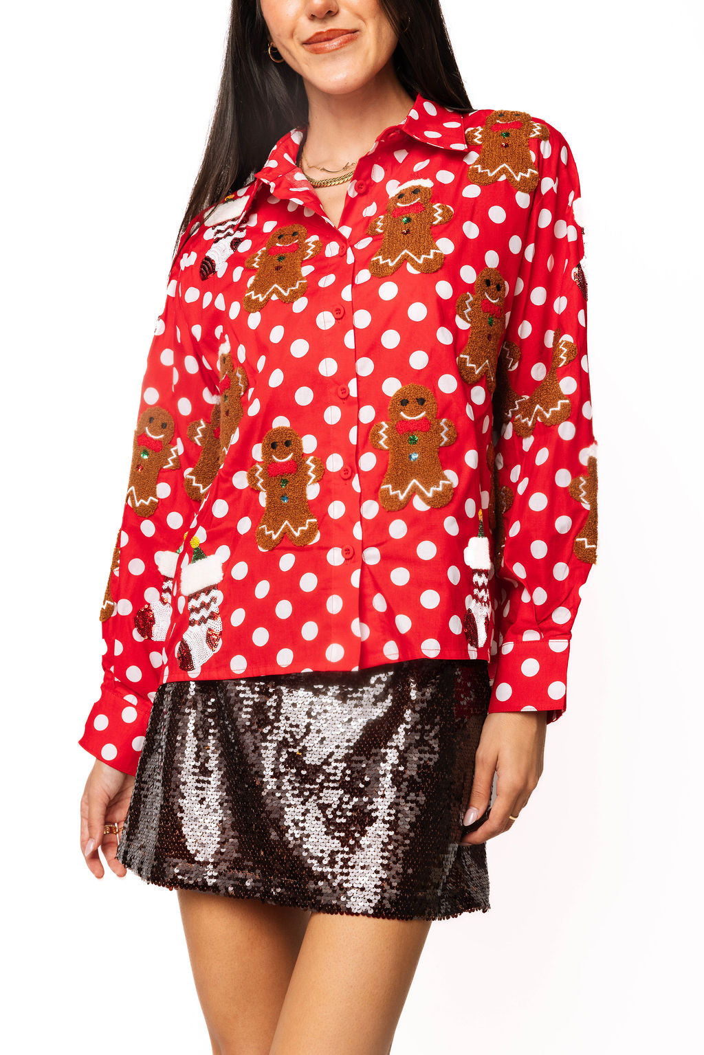 Queen of Sparkles Red & White Polka Dot Gingerbread Man & Stocking Cotton Top