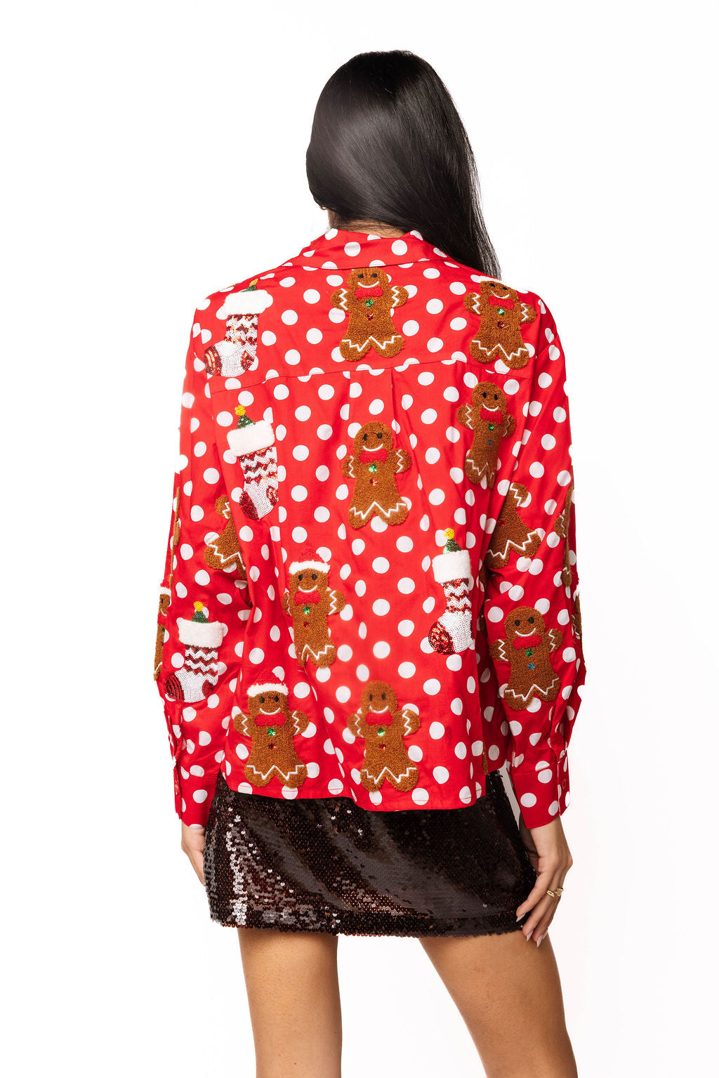 Queen of Sparkles Red & White Polka Dot Gingerbread Man & Stocking Cotton Top