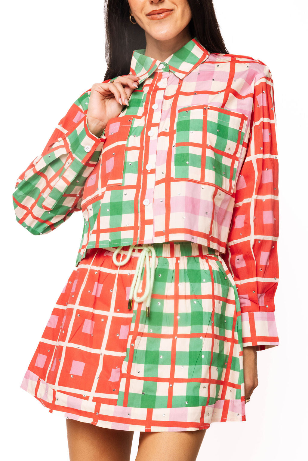Queen of Sparkles Red, Green, Ivory & Pink Plaid Rhinestone Skort