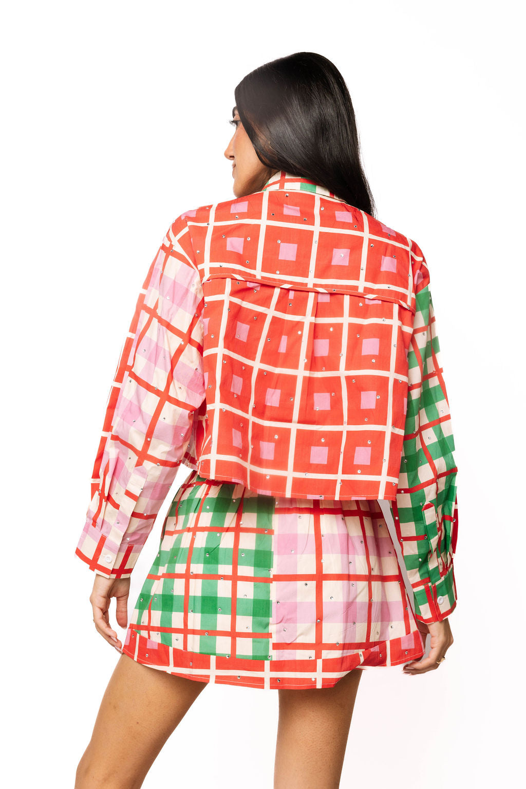 Queen of Sparkles Red, Green, Ivory & Pink Plaid Rhinestone Skort