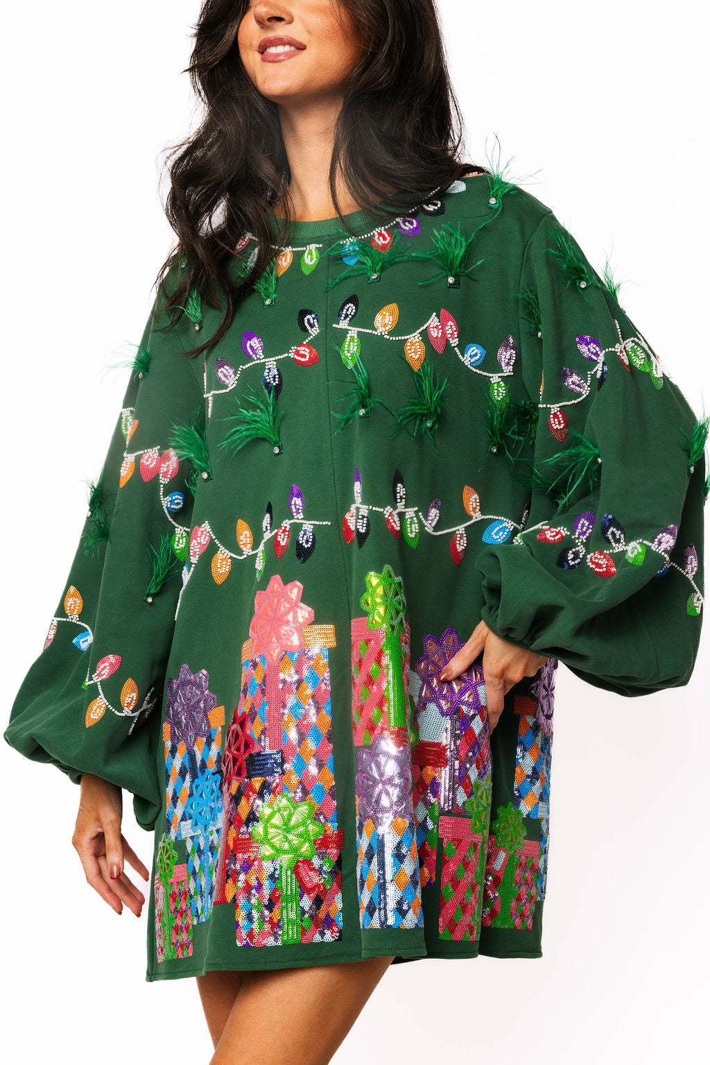Queen of Sparkles Green Christmas Lights & Presents Feather Dress